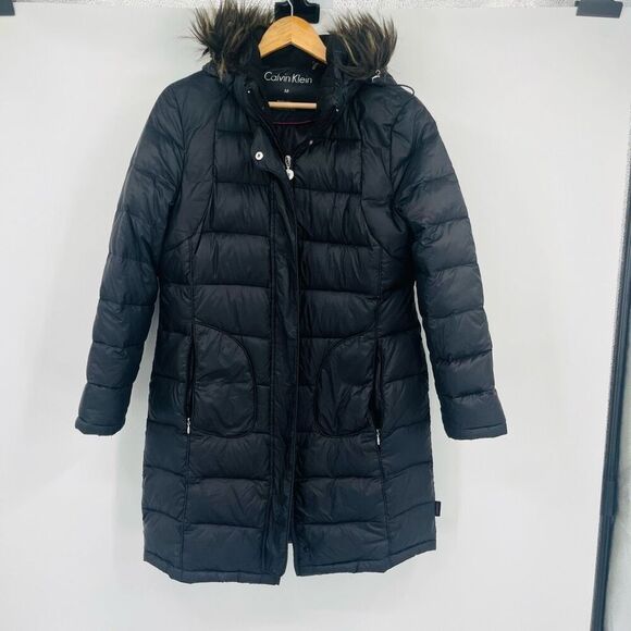 Calvin Klein Quilt Longline Parka Jacket Faux Fur Hood Black Womens Size Medium - Picture 1 of 7